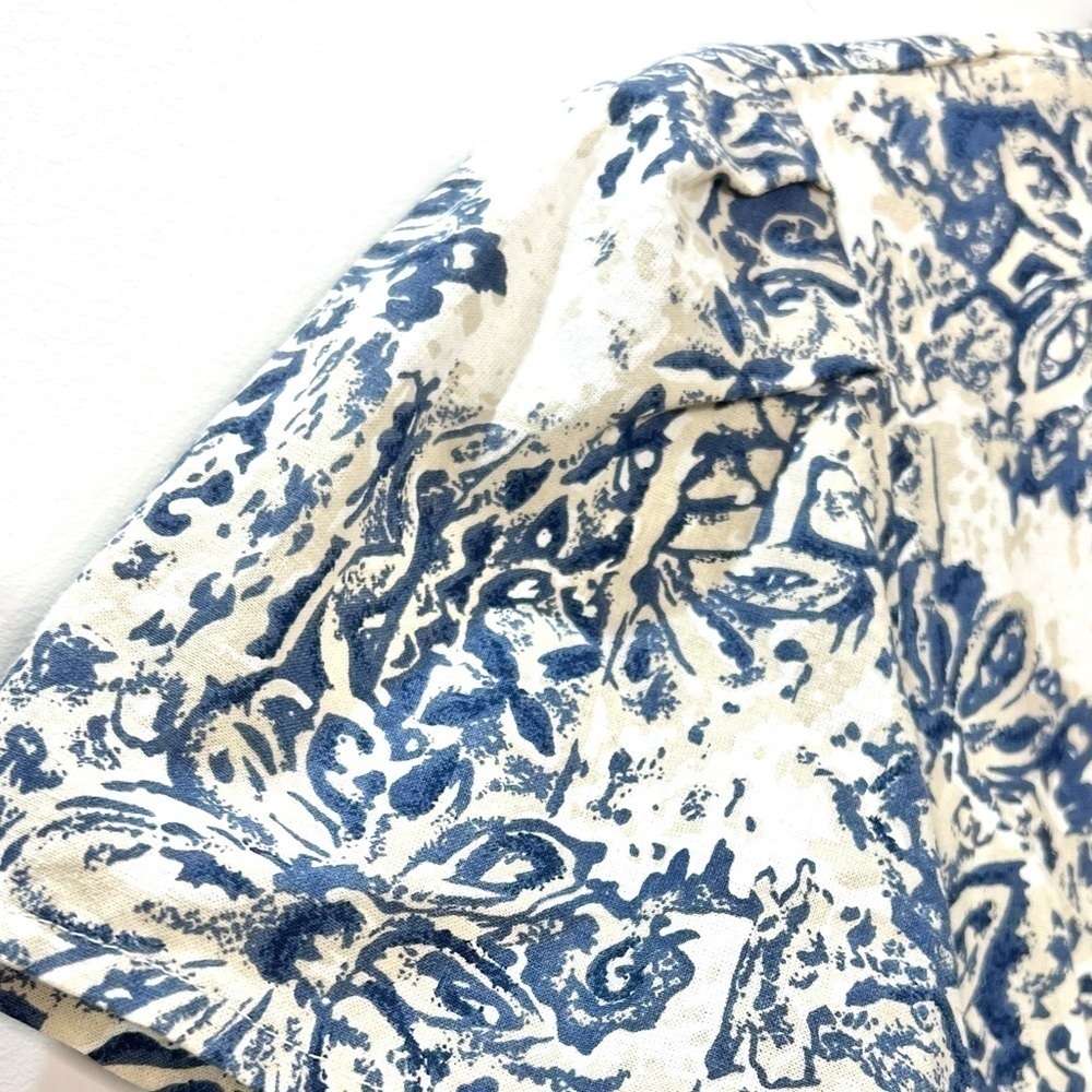 Vintage 80s 90s beige tan blue floral button front short sleeve maxi dress - Picture 7 of 10
